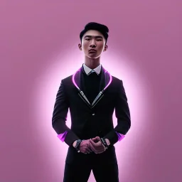 cute asian male, boy, man in futuristic suits, black and white highlight hair color, pink and purple background, pink lighting, deep purple backlighting, gun, smoke