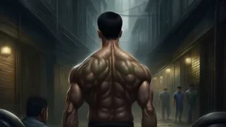 Create a hyper-realistic 4K digital illustration of Ma Dong Seok facing his opponent, seen from behind. Ma Dong Seok, a muscular martial artist, stands in a gritty urban alleyway. His back is turned towards the viewer, revealing a tense and powerful posture. He wears a dark, fitted shirt, and his muscles are defined under the dim streetlight. In the background, his opponent, partially obscured in shadows, awaits the confrontation. The scene should be detailed, with realistic textures and lightin