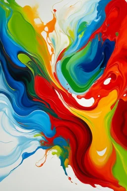The image is an wabstract painting with a white background. The painting is composed of a variety of colors, including blue, red, orange, yellow, green, and red. The colors blend together in a fluid and fluid manner, creating a sense of movement and energy. The blue is on the left side of the painting, with a hint of green on the right side. The red is in the center, with the yellow and orange stripes radiating outwards. The green is on top of the blue, and the red is at the bottom. The overall