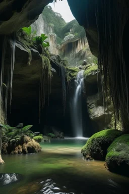 A cave with covered with waterfalls,