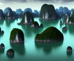 Floating rocks connected trough lianas above halong bay, landscape, Pandora, alex ross, eddie mendoza, raphael lacoste, sebastian ludke, concept art, matte painting, highly detailed, rule of thirds, dynamic lighting, cinematic, realism, realistic, photo real, detailed, magnificiant landscape, denoised, centerd