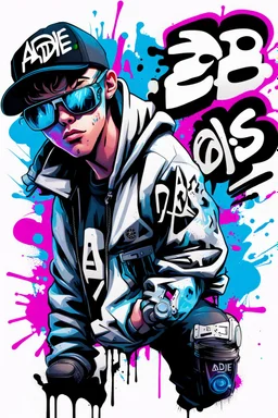 graffiti illustration of a cyberpunk boys and a basecap with text "Addie".On cap, photographer, explode, white background.