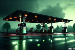 gas station,rundown, country side road,,road texture, atmospheric ,night lighting,rainy, realistic, unity engine, cinematic lighting,green emession, octane render.