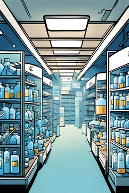 a medicines manufacturing company, inside, comic style