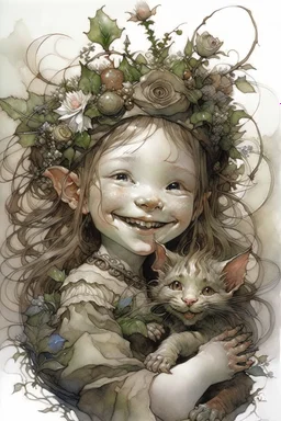 Artist Jean-Baptiste Monge style. A young toddler Elf child is smiling.pale skin.curly fine hair. round baby face. hugging her pet cat. her ears pointed. freckles across her nose and face. wreath of flowers in hair.