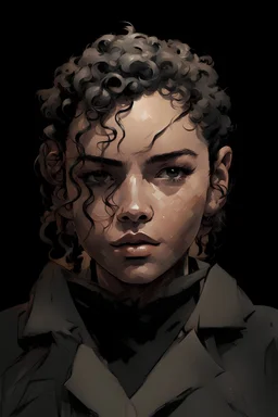 Portrait of a young woman with short black curly hair, covering the ears slightly. Include a short black horn on her forehead, and make it distinctive. include gray eyes, with a dark tanned skin complexion. Draw the portrait in the style of Yoji Shinkawa.