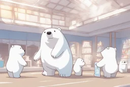 cute fluffy chibi ice bear on an exhibition room with stands in sunshine