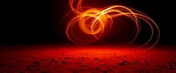 swirling trails of light in the background, natural red tones, brown dirt ground long bottom, dark background