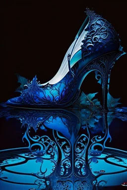 dark fantasy, intricate cover, a whimsical fairytale, high-heeled shoe made of blue glass with a pool of blood underneath