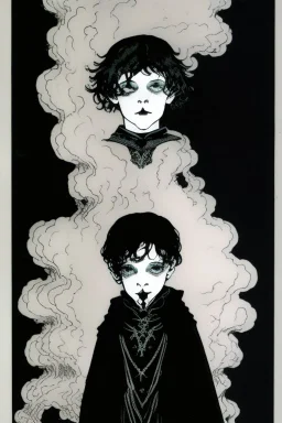 7 year old boy, necromancer, friendly, looks dead, surrounded by weird smoke with eyes, wearing black robes, in the style of Harry Clarke