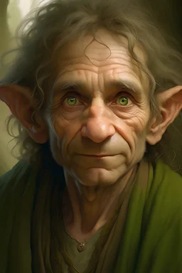 Closeup portrait of a Hobbit, small, big brown eyes, green and brown clothing, detailed facial features, small feet, wispy hair, fantasy concept art, artstation trending, highly detailed, art by John Howe, Alan Lee, and Weta Workshop, earthy colors, looking into camera.