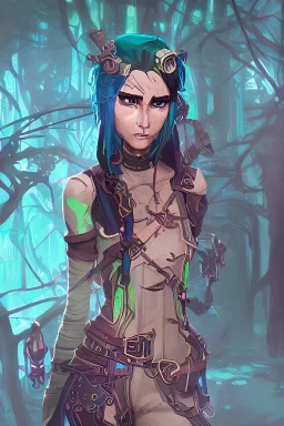 steampunk elf in a neon dystopian forest