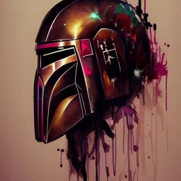 photorealistic the mandalorian helmet with multicolor painting, illustration by <agnes cecile> <Yoji Shinkawa>, ornate and intricate details , soft smooth lighting, concept art, black satin background,