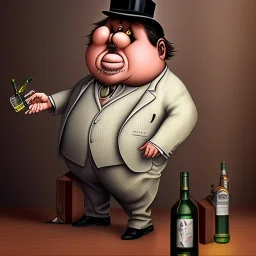 A 1930s Italian-American businessman in his 20s with a bowler hat and a tattered suit. He is obese and sad. He holds a bottle of alcohol in his hand