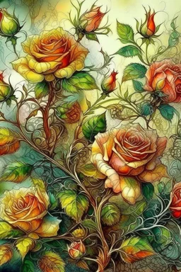 magic sketch, delicate drawing, watercolor painting, beautiful landscape, a branch of lush non-pink lace roses with buds, many large and small flowers, buds, different shades of color, pixel graphics, many details, sensuality, realism, high quality, decoration, hyperdetalization, professionally, filigree, hyperrealism, backlight, contrast, fantastic, fabulous, unreal, translucent, luminous, clear lines, light green, bluish background at the top, white edges