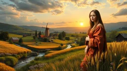 a village over high grassy hills,a small fall and river and wild flowers at river sides, trees houses ,next to Ripe wheat ready for harvest farm,windmill ,a few village local shops ,cloudy sun set sky,the the great Leonardo is painting his monalisa and she is posing as model