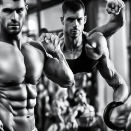 man with muscles doing fitness in a fitness studio, black and white only, realistic, close-up