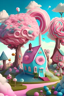 a sweet land with lollipop trees and cotton candy bushes and many houses made out of sweets
