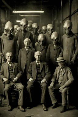 1900's black and white vintage photo, interior, working (alien) organ manufacturing factory warehouse, unhappy and angry,stange long grey alien human hybrid creature with a family that is super sad, captured on square format film, grainy brown, aged, old men depressed, tired