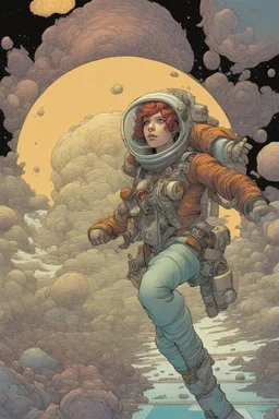 a starship pirate punk female captain in a deep-space diving suit, colorful , floating into the insane and confusing universe of the Angelarium colorful by Hergé, François Schuiten, Ivan Bilibin, Katsuya Terada, Mike Mignola, Paul Pope