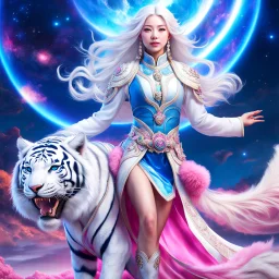 (masterpiece, best quality, 8k, RAW photo, beautiful and aesthetic:1.2), complex detail, Indirect light, photorealistic, (((full body))), 2 Gorgeous Cosmic asian goddess smiling, long curved white hair, blue eyes, Mixed, sci-fi and traditional asian outfit with pink velvet and white furs, riding a white tiger who is running in a colorfull snowy landscape with bokeh