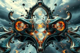 Dynamic complex hypnotic fractal 3D Symmetrical structures with mirrors twisting and morphing between organic and geometric forms , smooth translucent iridescent glass with inner glow and bubbles, varied transparent materials, stormy skies, intense dramatic