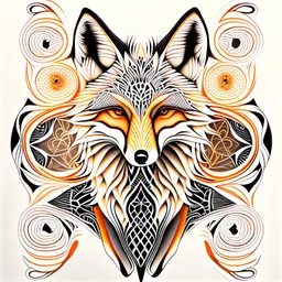 Fox symmetrical design ink art colours orange cream white and black hyper-detailed realistic 8k