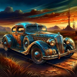 PROMPT: Detailed illustration of a [CAR], metallic body in [COLOR], with subtle rust spots and faded paint details. The car is parked, chrome accents and custom wheels catching the light. The background shows [SCENERY], with a [SKY GRADIENT COLORS]. The style is cinematic, bold, and vibrant, masterpiece digital painting with high detail and game-art inspired realism.