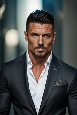 portrait of a 35 year old Handsome muscular male leader with lightly tanned skin and tattoos. Dark hair cut short and a goatee beard. wearing an armani suit. photorealistic