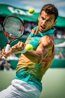 A hyper-realistic, A vibrant illustration of Grigor Dimitrov in action, executing a perfect forehand. Photo Real, HOF, full size, practicality,manufacturability,performance, (((realism, realistic, realphoto, photography, portrait, , realistic, beautiful, elegant, charming, apocalyptic environment, professional photographer, captured with professional DSLR camera,trending on Artstation, 64k, ultra detailed, ultra accurate detailed, bokeh lighting, surrealism, Thomas Kinkade backgr