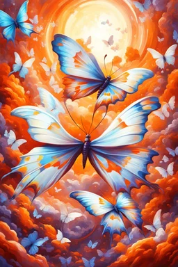 vibrant psychedelic oil painting image, airbrush, 64k, cartoon art image of background ORANGE and WHITE BUTTERFLIES , futurism style