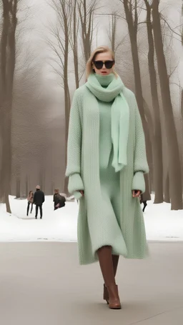 Fashion shows walk onto the snow sity park. Mature Women's Fashion brown mint green knitting outfit and scarf. Fashion Trends Fall Winter 2023/24.
