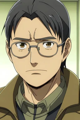 anime 35-year-old Filipino male wearing eye glasses with thinning black hair and brown jacket