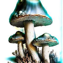 A highly-detailed Hand sketched illustration of porcini Mushrooms on paper, focus on line work and small shades of color, add Chinese ink-brush details to the tops of mushrooms, Marco Mazzoni art style