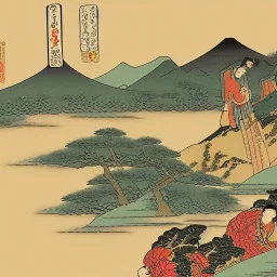 Ukiyo-e style illustration of mountain landscape armor gold high detail