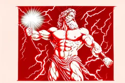 Detailed and realistic illustration of Greek god Zeus holding holding lightning. Vintage style illustration. Red and white lightning. Ultra high resolution. Muscular, low fat percentage.