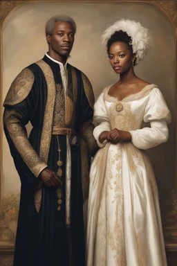 interracial marriage, blonde man and black woman, wearing aristocratic robes