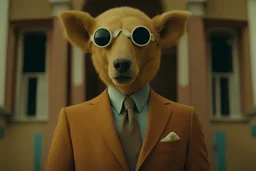 Gentleman with animal head wearing fashionable solid color suit, movie still. rich and colorful. Wes Anderson. 8k