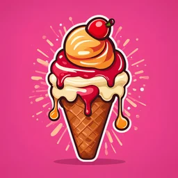 A cute adorable dripping ice-cream cone logo with cherry for eyes and tongue out, balls of caramel chocolate and vanilla