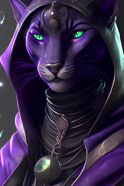 photorealistic female tabaxi black jaguar sorcerer, green eyes, hyperdetailed painting, black clothes trimmed in purple and silver, 4k resolution concept art, Artgerm, WLOP, Alphonse Mucha, 3d render, octane render, intricately detailed, cinematic, Isometric, Centered hipereallistic cover photo awesome, dark, gritty, realistic mucha, klimt, cinematic, background is nighttime forest scene with mist