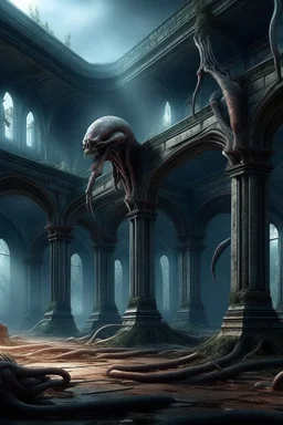 dark fantasy art of a medieval abandoned hall