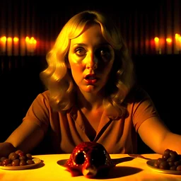 Spooky, ultra realistic distress, stressful, dining, ultra realistic hot woman, meat, organic hot blondes, dynamic, anguish, excited and lively scene, hypermaximalist, creepy, chainshaw, Alfred Hitchcock, Sam Raimi, insanely detailed, sinister, John Carpenter, Dario Argento, ornate