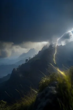 filmgrain for realism, laughing smoke rings at mountain top , lightening storm brewing,shot on Hasselblad h6d-400c, zeiss prime lens, bokeh like f/0.8, tilt-shift lens 8k, high detail, smooth render, down-light, unreal engine, prize winning