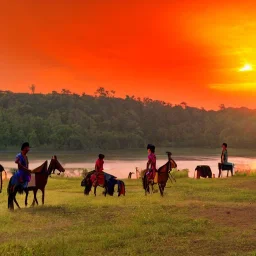 indian on horse and tp tents at river looking at sunset