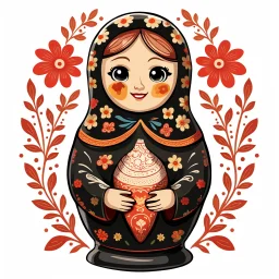 draw matryoshka dolls, the matryoshka is smiling, the kind sweet face of the matryoshka doll, behind the matryoshka Russian patterns in the style of Khokhloma