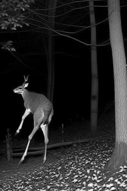 deer, Legs bent backwards, Barrel chested/bloated abdomen, Emaciation, Eyes belonging to unrelated animals, Forward-facing eyes, General bodily disfigurement, on hind legs, black and white