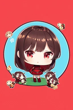 a full-body shot of a woman with long brown hair parted in the middle, red eyes, with a 'bad girl' vibe striking a confident pose, wearing black and red leather, ((Chibi anime doll style)), intricately detailed, splash art background