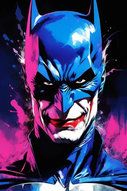 Poster in two gradations, split in half, one side "batman", other side "joker", midline of the face, painting by Yoji Shinkawa, dark blue and pink detailed iridescent, metallic, translucent, dramatic lighting, hyper futuristic, digital art,