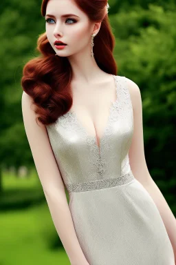 full shot body of very beautiful Woman with pale skin makeup , green eyes, long auburn hair, high fashion sexy silver dark gray lace dress , country side ,river ,country houses ,sharp focus.