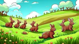 Fantasy cartoon illustration: A Trail of chocolate bunnies in the grass